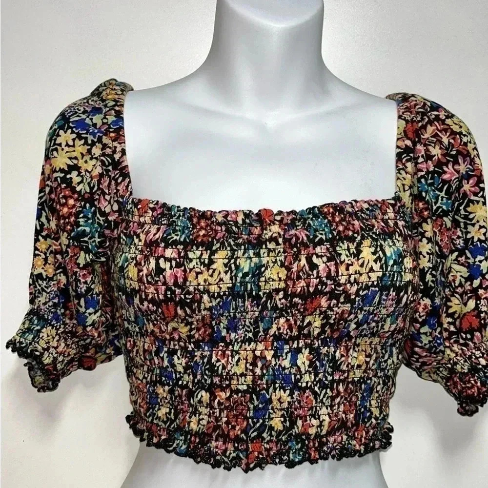 Urban Outfitters Off Shoulder Floral Smocked Puff Sleeve Cropped Blouse